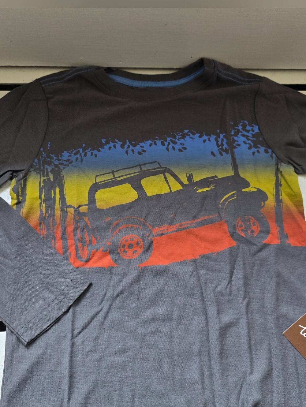 Grey Long-Sleeve Graphic Tee with Sunset Jeep Print